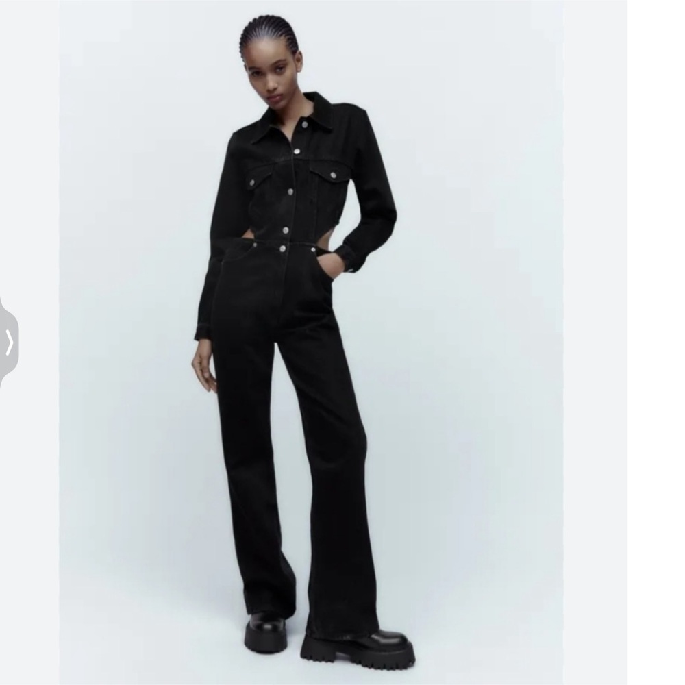 Zara Black Button-Front Denim Jumpsuit
